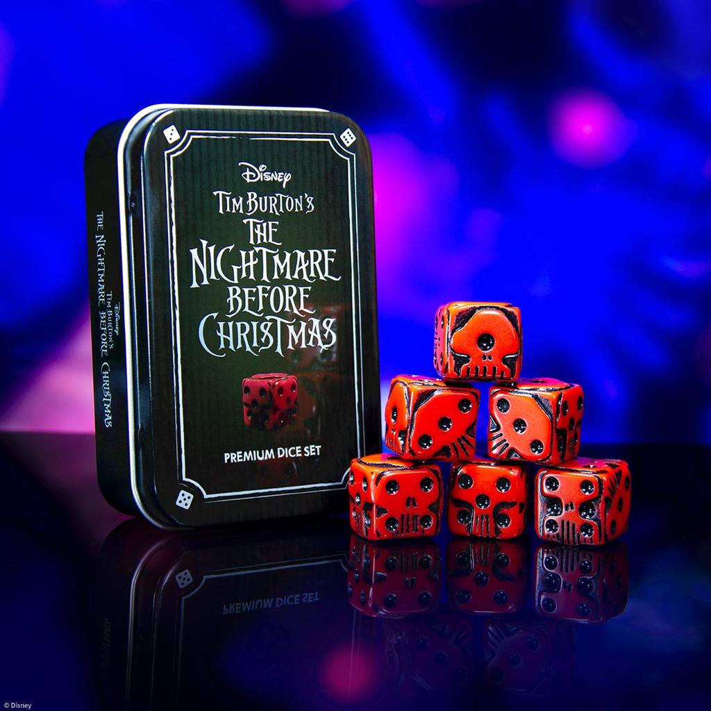 USAOPOLY The Nightmare Before Christmas Premium Dice Set  Collectible D6 Dice  Red & Black Custom Dice with Collector's Tin Case  Officially Licensed