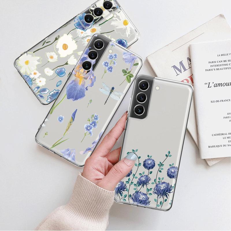 Blue Flower Dragonfly Clear Case For Samsung Galaxy S23 S22 S21 S20 Fe Ultra S10 S9 S8 Plus 10e S10lite Note 10plus 20ultra