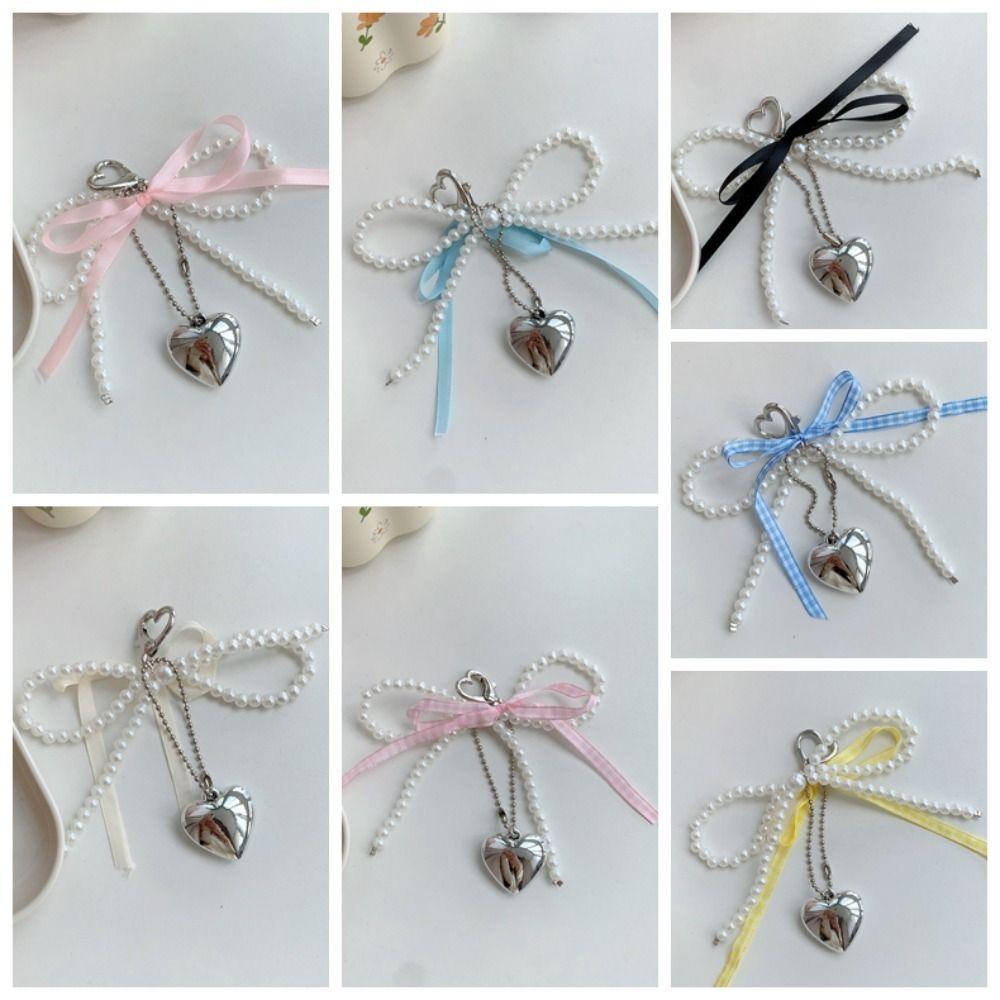 Heart Bow Phone Chain Imitation Pearl Heart Pendant Keyring Simple Bow Bag Pendant  Lady