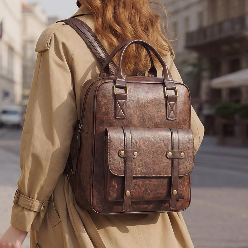 Vintage PU-Rucksack für Damen mit verstellbaren Trägern und Frontklappendesign Klassische Schultasche für Arbeit und täglichen Gebrauch