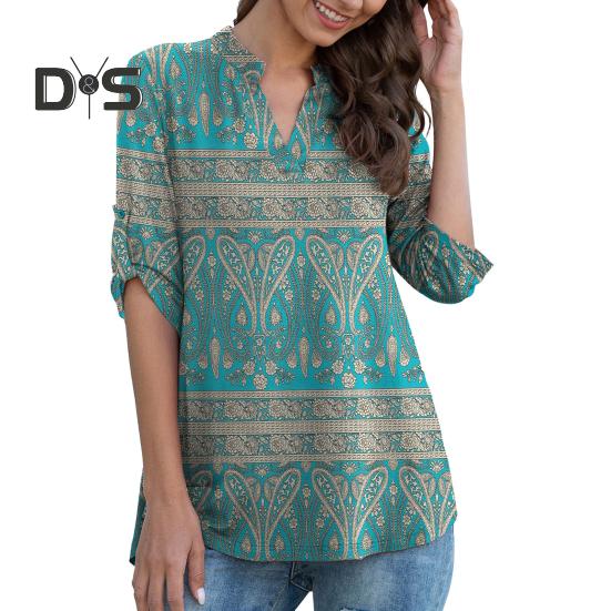 Women Shirt V-neck 3/4 Roll-Up Sleeves Lightweight Tops Flower Print Flowy Hem Tunic Tops Daily Wear