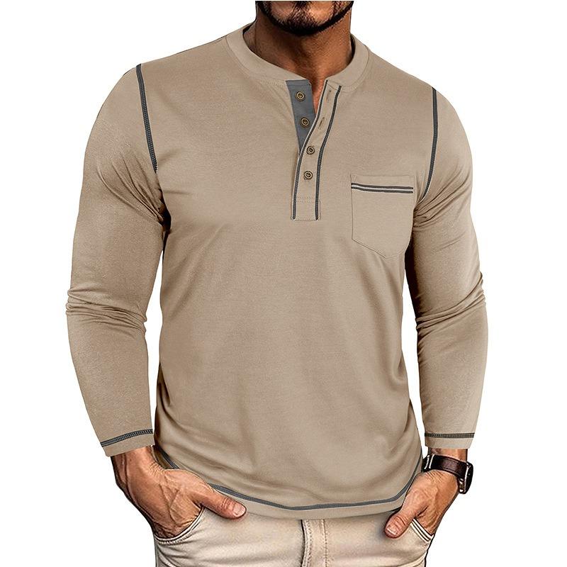 Men Vintage Contrast Color Crew Neck Long Sleeve Pocket Casual Henley T Shirt