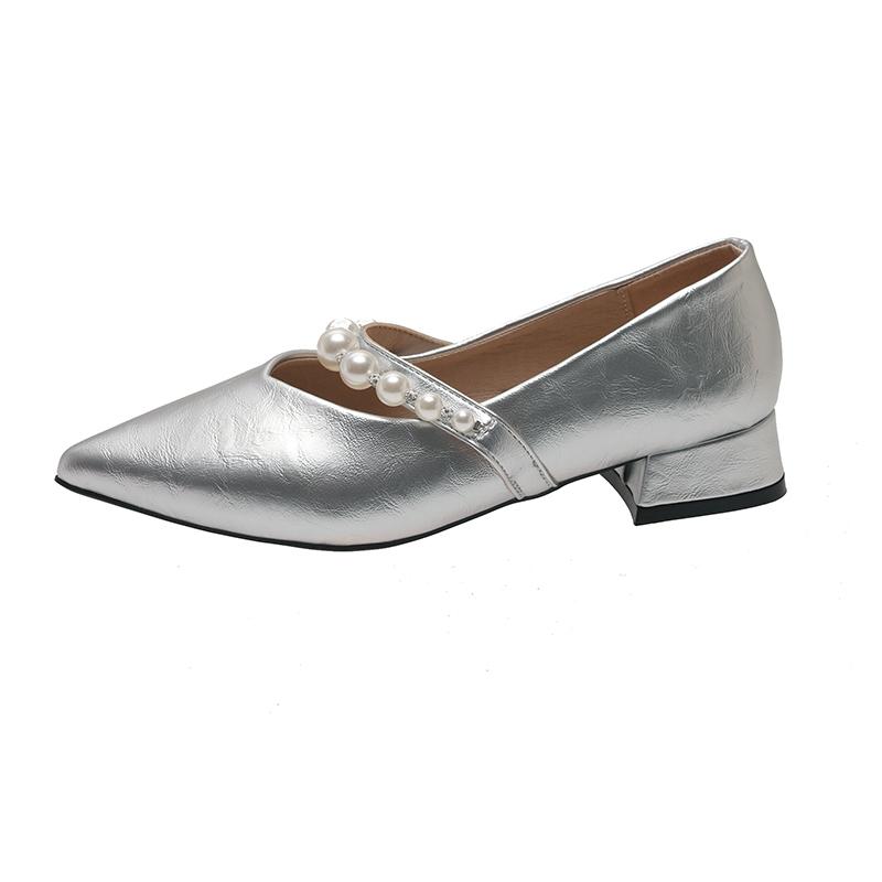 Fashion Spring new coarse heel shoes women's fashion pointed head shallow mouth beaded waterproof non-slip low-top shoes