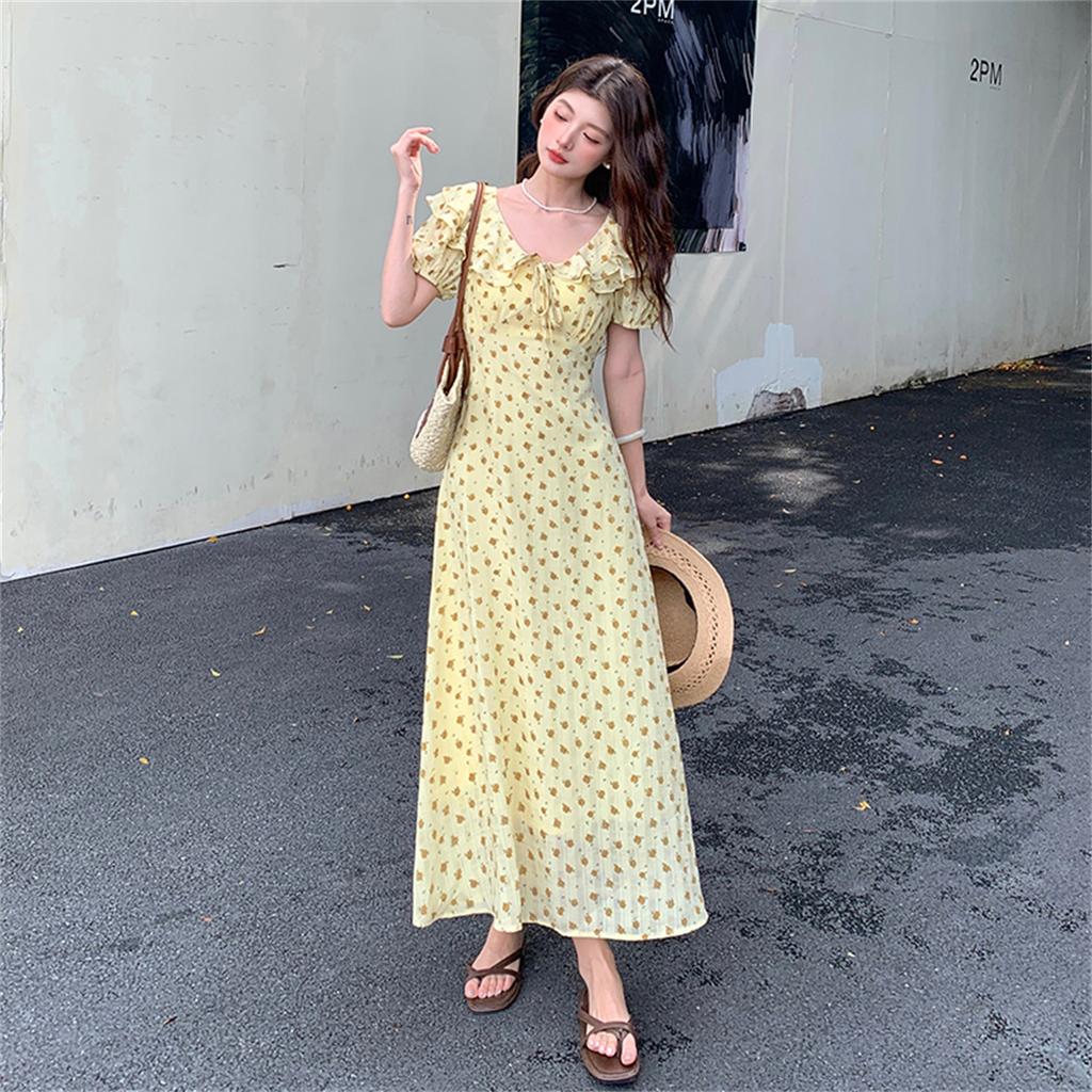 Retro V-neck Slimming Floral Print Midi Dress for Women Short Sleeve Ruffles Splice Temperament Vacation Long Dress
