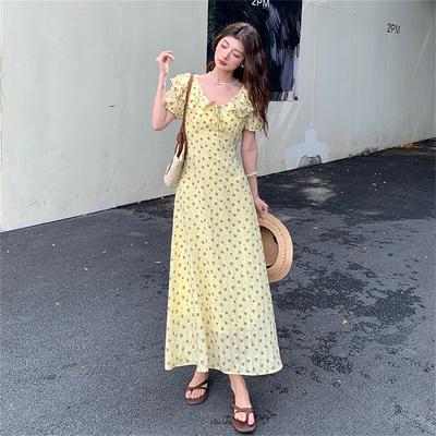 Retro V-neck Slimming Floral Print Midi Dress for Women Short Sleeve Ruffles Splice Temperament Vacation Long Dress