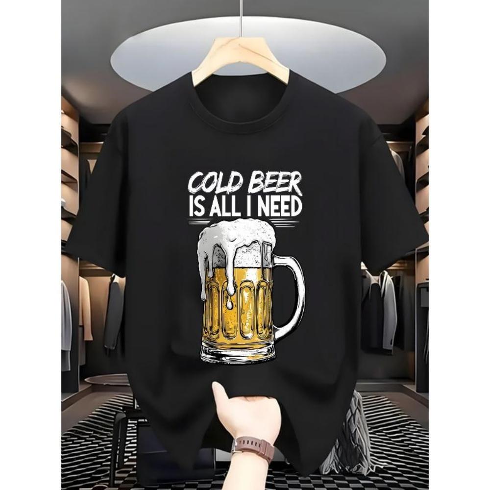 

European Sizes Men s Lightweight Breathable Polyester Short-Sleeve T-Shirt with Beer Mug Graphic Print - Casual Round Neck Tee for Travel, Summer S