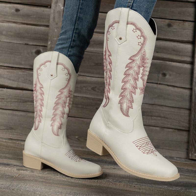 2024 Fashion Women's Shoes Mid-Calf Women's Boots Retro Daily Boots Women Embroidery Slip on Square Toe Square Heel Ladies Shoes