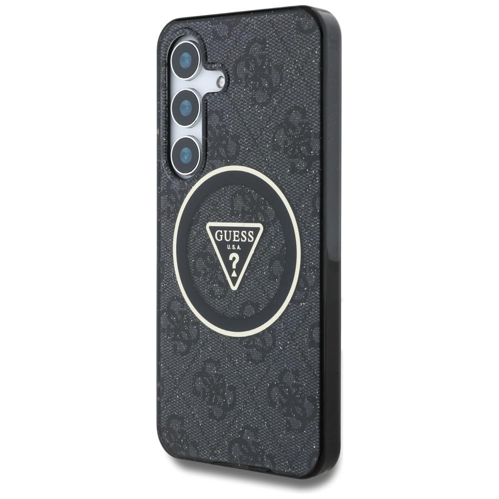 Pouzdro Guess 4G Glitter Triangle Buttons Magsafe Pro Samsung Galaxy S25 Černé