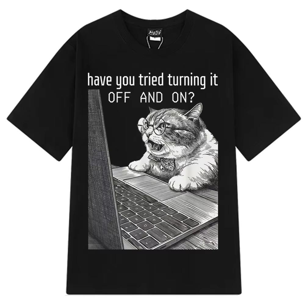 Funny Work Cat Meme Tshirt Unisex Harajuku Tshirt Summer Shortsleeved Loose Casual Vintage Tshirts Lover Gift