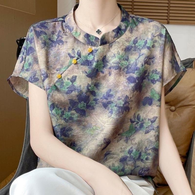 Women's Vintage Floral Print Cheongsam Inspired Short Sleeve Blouse