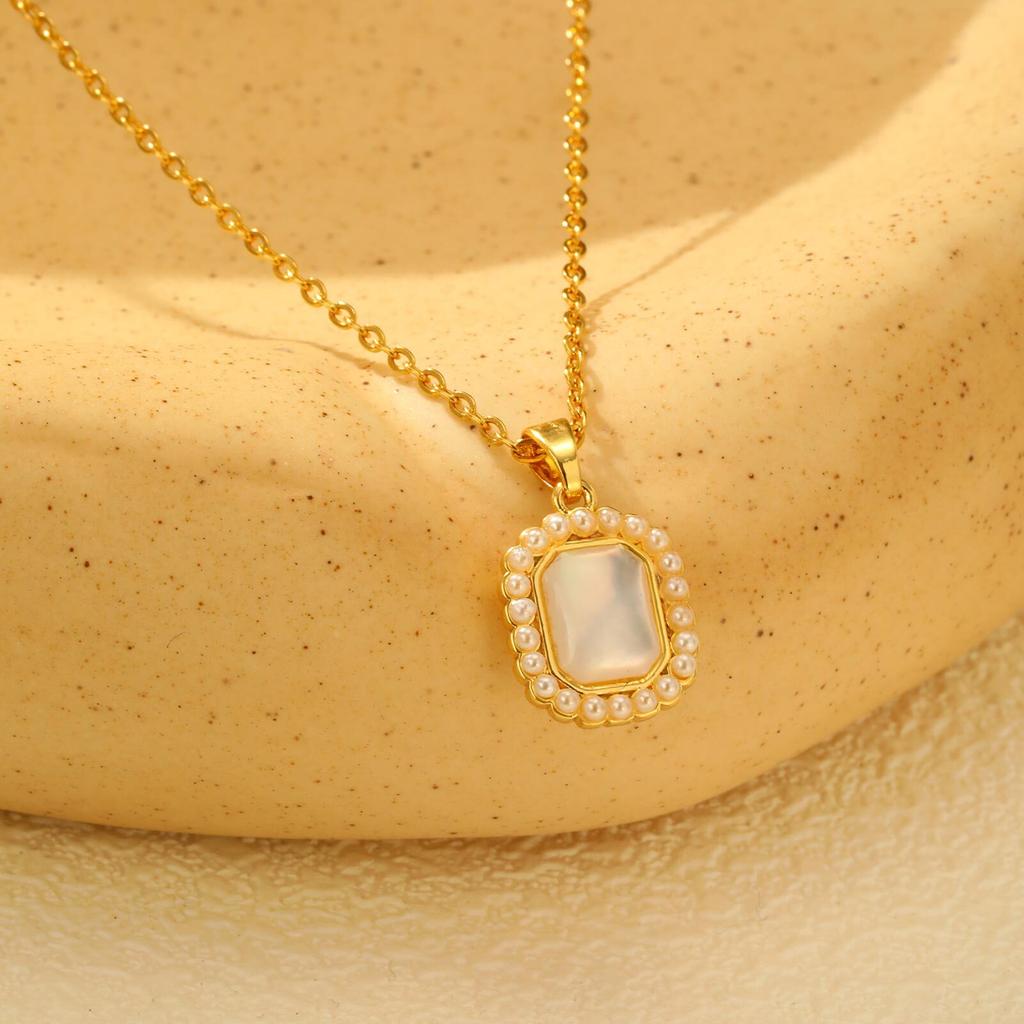 Chamrs Necklace for Women, Nature White Shell Inlay, Dropwater Heart Square Pendant Necklace, Stainless Steel Waterproof Jewelry
