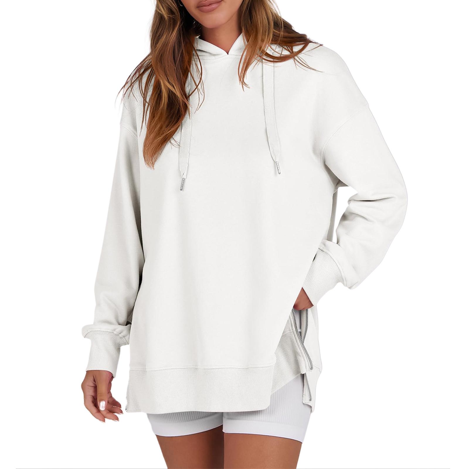 

Женские толстовки с капюшоном большого размера с боковой молнией, длинные флисовые толстовки, легкие туники, пуловеры, модные на осень S белый