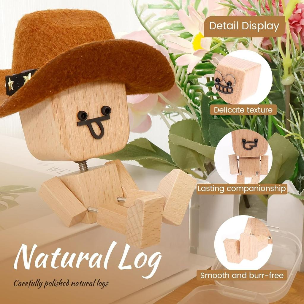 Shaking Wooden Man Figurine,Shaking Feet Wooden Doll with 24Pcs Expressions for Dashboard Decorations,Car Dashboard Figurines Charming Little Wood