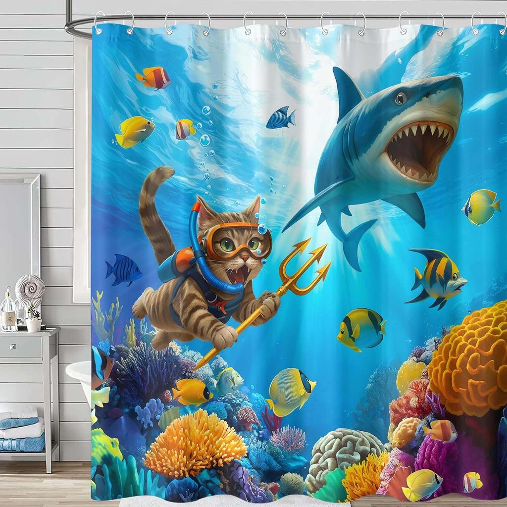 Funny Japanese Cat Shower Curtain Cute Fun Cool Cat Monster Shark Shower Curtains For Bathroom Vintage Ocean Waves Anime Kids