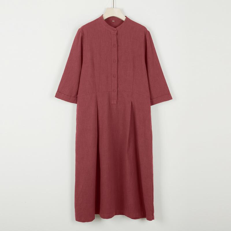 Johnature Women Vintage Spring Seven Sleeve Stand Button A-Line Pockets Women Dresses