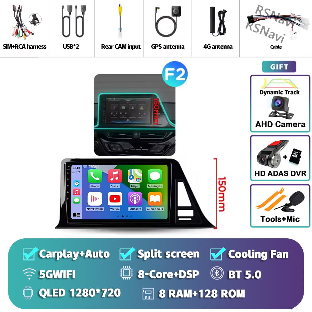 Android 14 Carplay Auto For Toyota C-HR 2016 - 2020 Car Radio Player Multimedia DVD stereo 360 Camera Navigation Video AI Voice