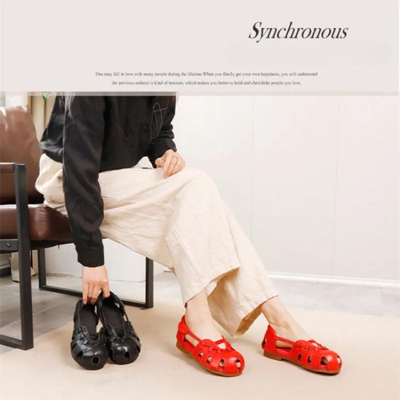 Johnature High Quality Genuine Leather Sandals Cowhide Peep Toe Flat Heel Soft Sole Retro Women's Shoes