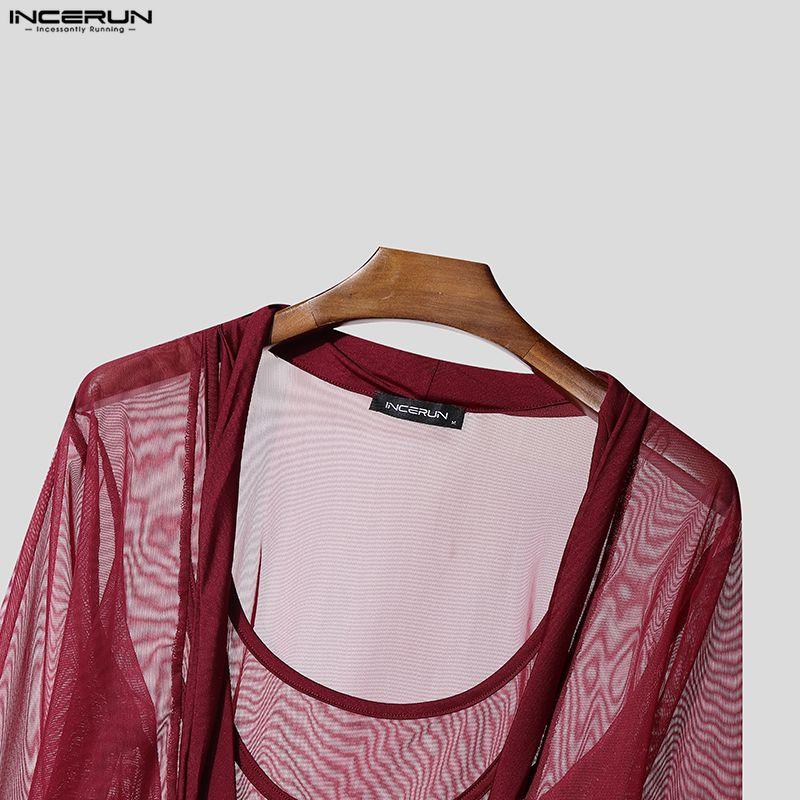 INCERUN Chemises Hauts Décontractés de Fête pour Hommes à Col Profond à Manches Longues en Maille Transparente