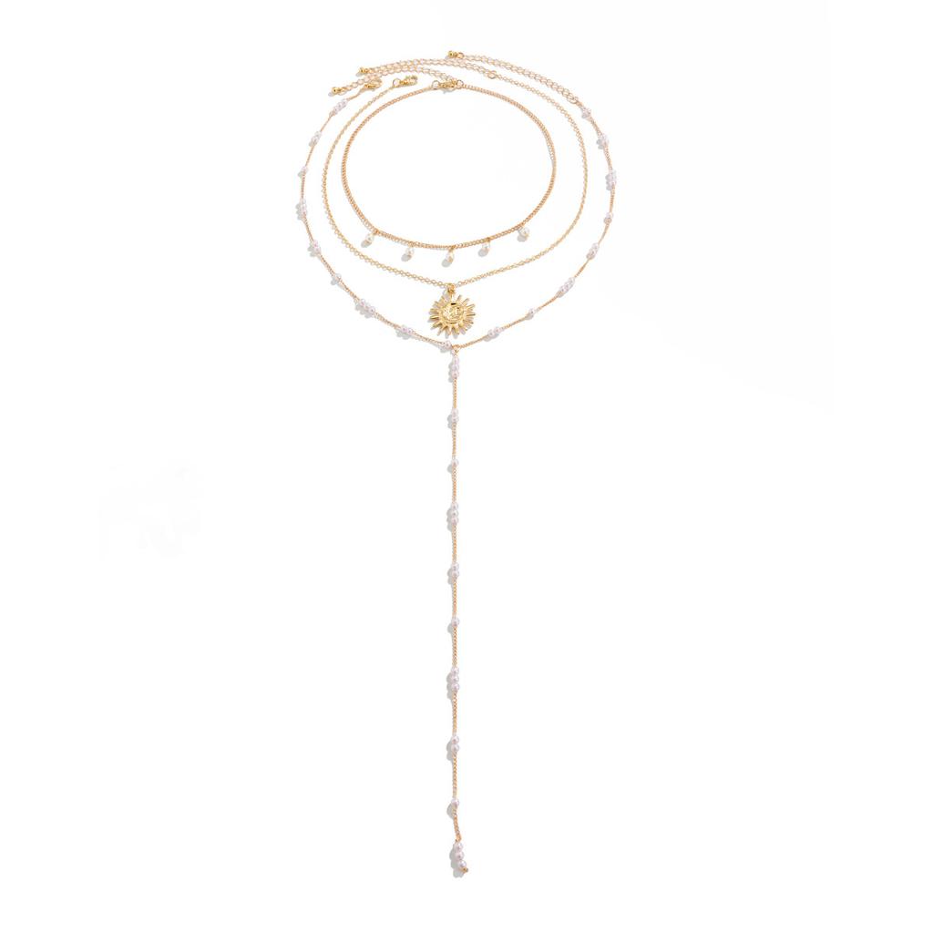 Ins Sun Alloy Pendant Collarbone Chain French Temperament Pearl Beaded Long Necklace Fashionable Commuter Stacking Style Holiday Women's Jewelry