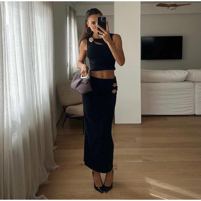 Women's Skirt Sets Sexy Crop Top&Bag Hip Skirt Metal Flower Decoration Lady 2 Piece Set Slim Hollow Out Tops High Waist Maxi Skirts New Fashion Summer