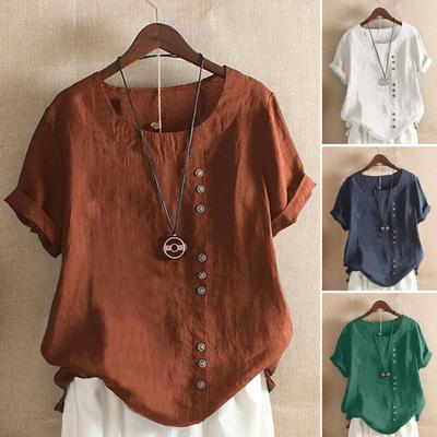 Woman Tops Round Neck Short Sleeves Solid Color Pullover Breathable Casual Wear Oversize Summer Loose Cotton Linen Leisure Shirt Women Clothes