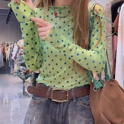 T-shirt à Manches Longues à Pois en Maille Verte pour Femme - Habillement d'Été Fin Protection Solaire - Haut de Design de Niche