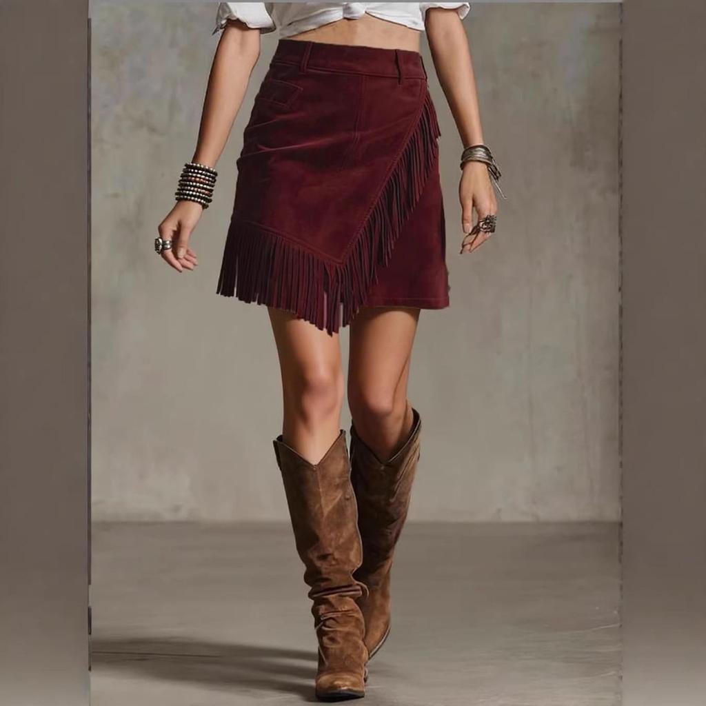 Retro Western Style Suede Asymmetrical Hem Plush Bodycon Skirt for Women