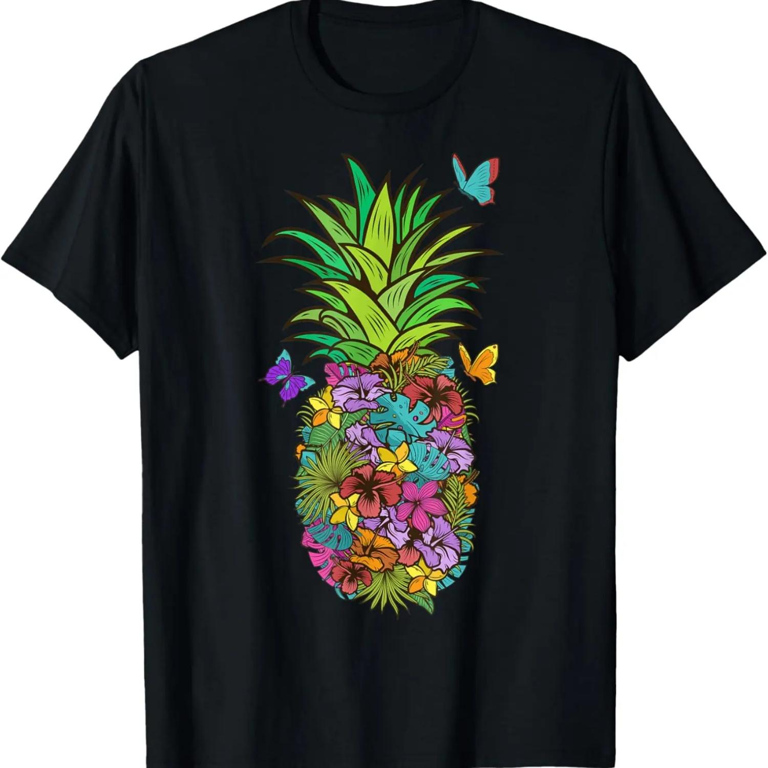 Футболка с тропическими цветами и бабочками, ананас, подарок S