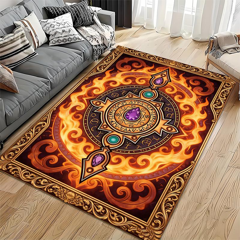 Fiery Magical Symbol Carpet with Gold Border and Gem Accents Style Suitable for use as an anti-slip for living room bedroom sofas