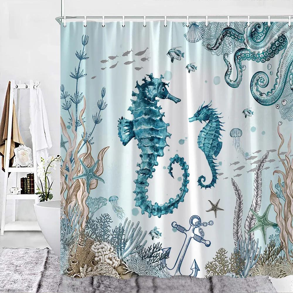 Sea Turtle Theme Shower Curtain Set Wooden Board Coral Water Plants Bubble Sea Life Bathroom Curtain Fabric Decor Washable Hooks