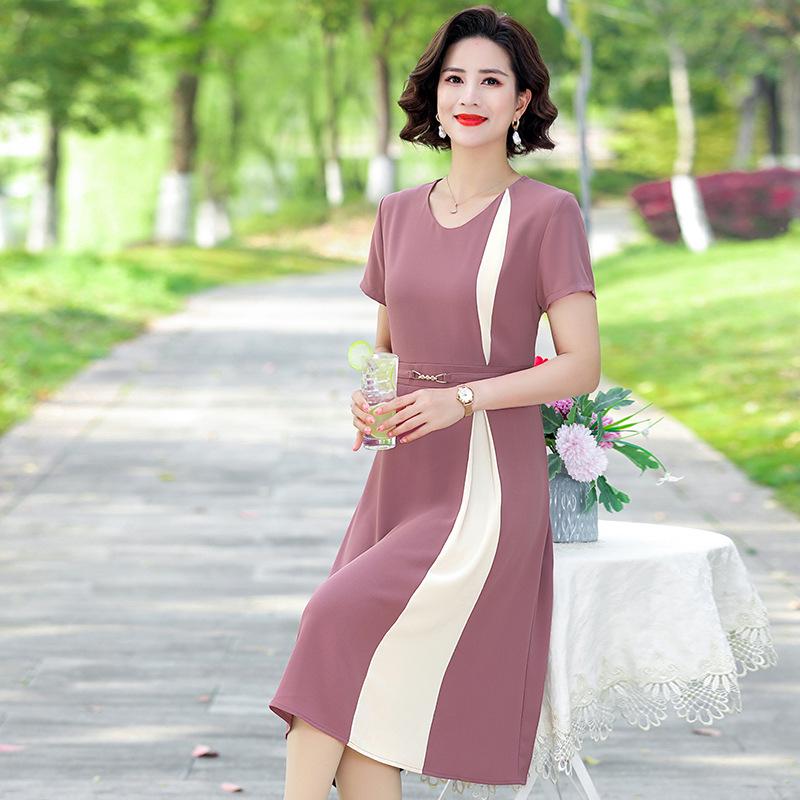 

“Summer Chiffon Color Block Dress - Short Sleeve, Mid-Length, Perfect for Young Moms and Mature Women” XL [Below 105 lbs] темно-рожевого кольору