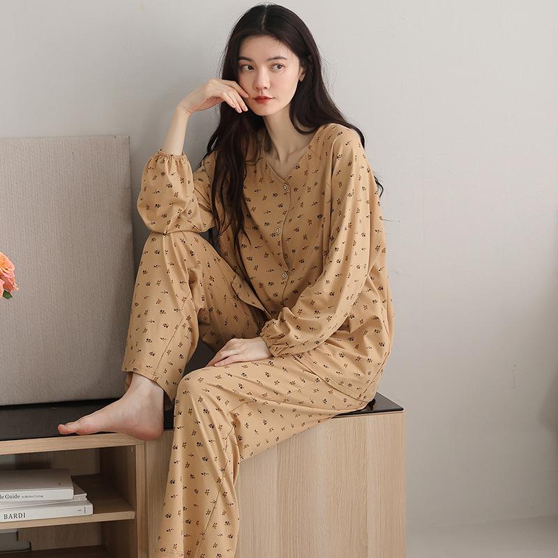 Pajamas women's spring and autumn pure cotton long-sleeved autumn new floral cardigan large size women's clothing can be worn outside loungewear suit