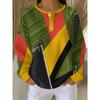 Damen Henley-Kragen Knopf-Langarm-Oberteil Kontrast Geometrisches Patchwork Gedruckte Lockere Waffelstruktur-Bluse