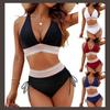 European & American Women's V-Neck High-Waist Bikini Set - Tie-Up Gathered Swimsuit