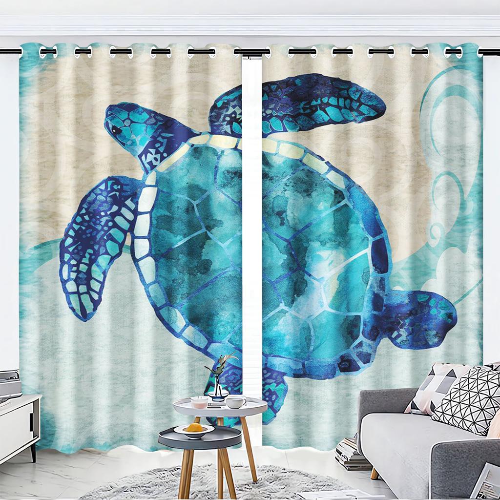 Cartoon Sea Turtles Curtain Sets, Window Decoration, 100% Polyester Shade, Bedroom, Living Room