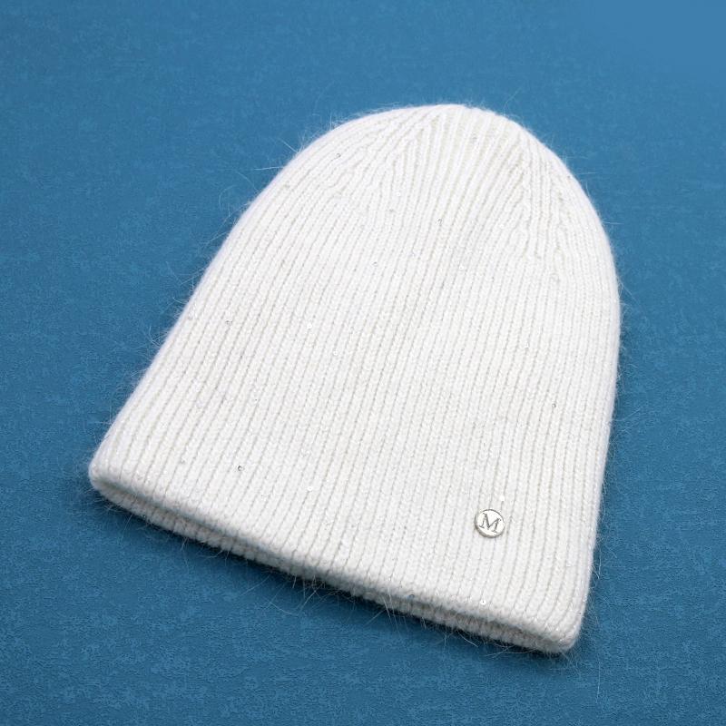Angora Rabbit Fur Winter Woman Hat Cashmere Skullies Beanies Soft Solid Warm Fluffy Thick Sequins Knitted Hat Gift Wholesale