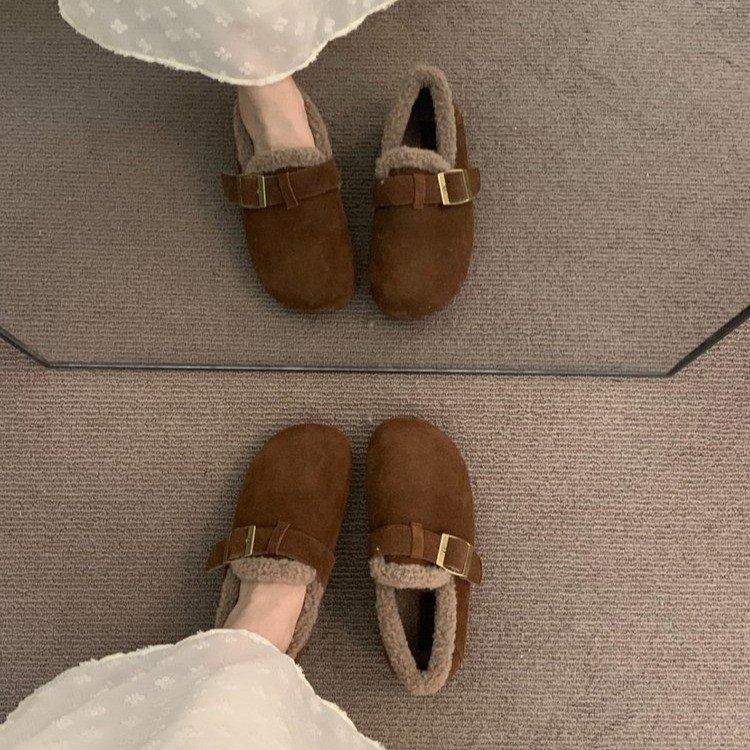Inner heightening thick-soled leather velvet shoes, ugly and cute in autumn and winter, warm in the evening breeze, Doudou cotton shoes
