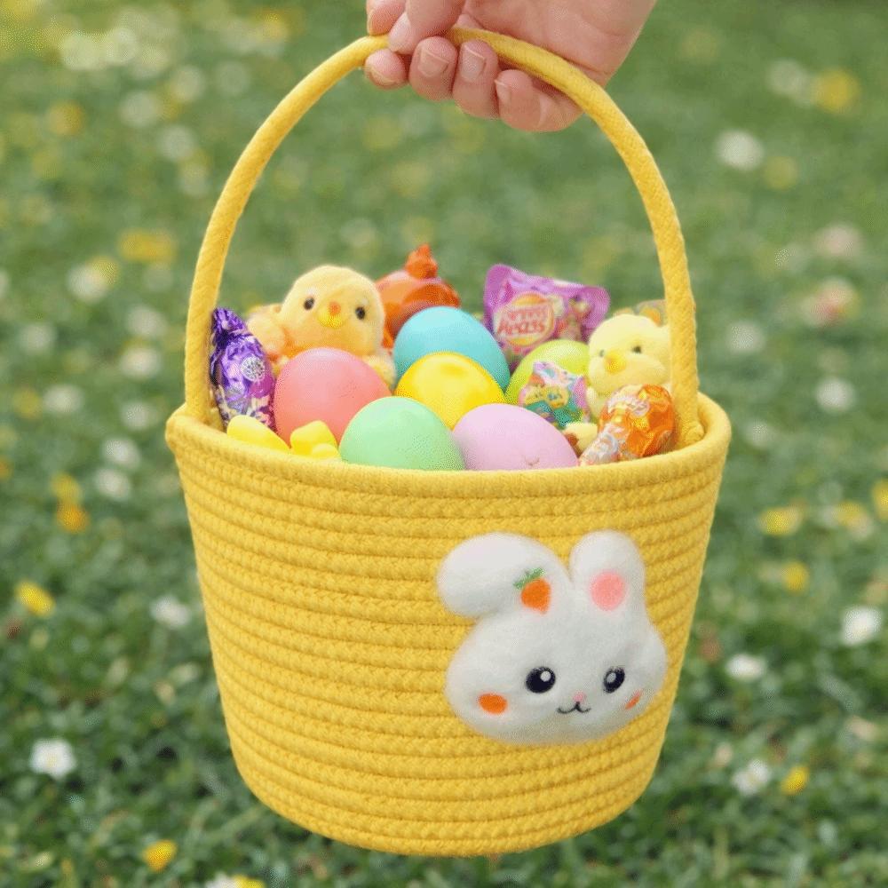 Cartoon Easter Gift Basket Hand-Woven Cotton Thread Gift Storage Basket Multi-Purpose Long Handle Tote Basket Home Decor