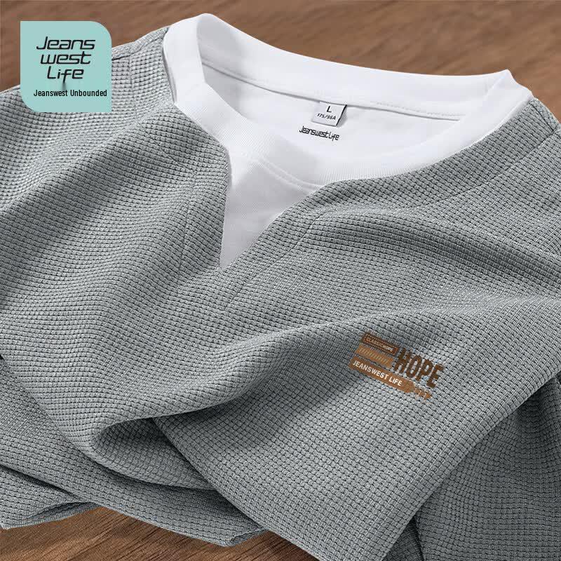 JEANSWEST LIFE Men's Waffle Knit Loose Fit Fake Two-Piece Long Sleeve T-Shirt