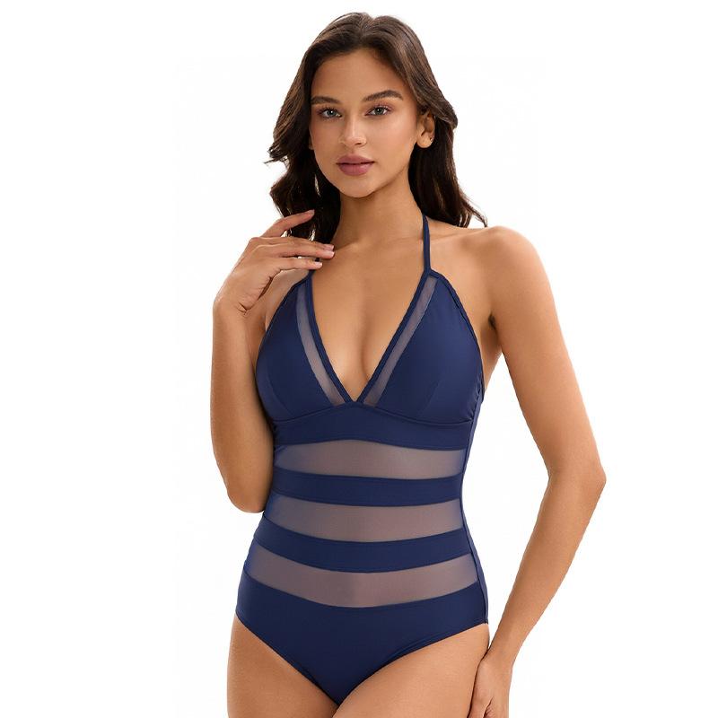 Sexy triangular one-piece swimsuit women s 2026 fashion and thin solid color mesh European and American S темно-синий