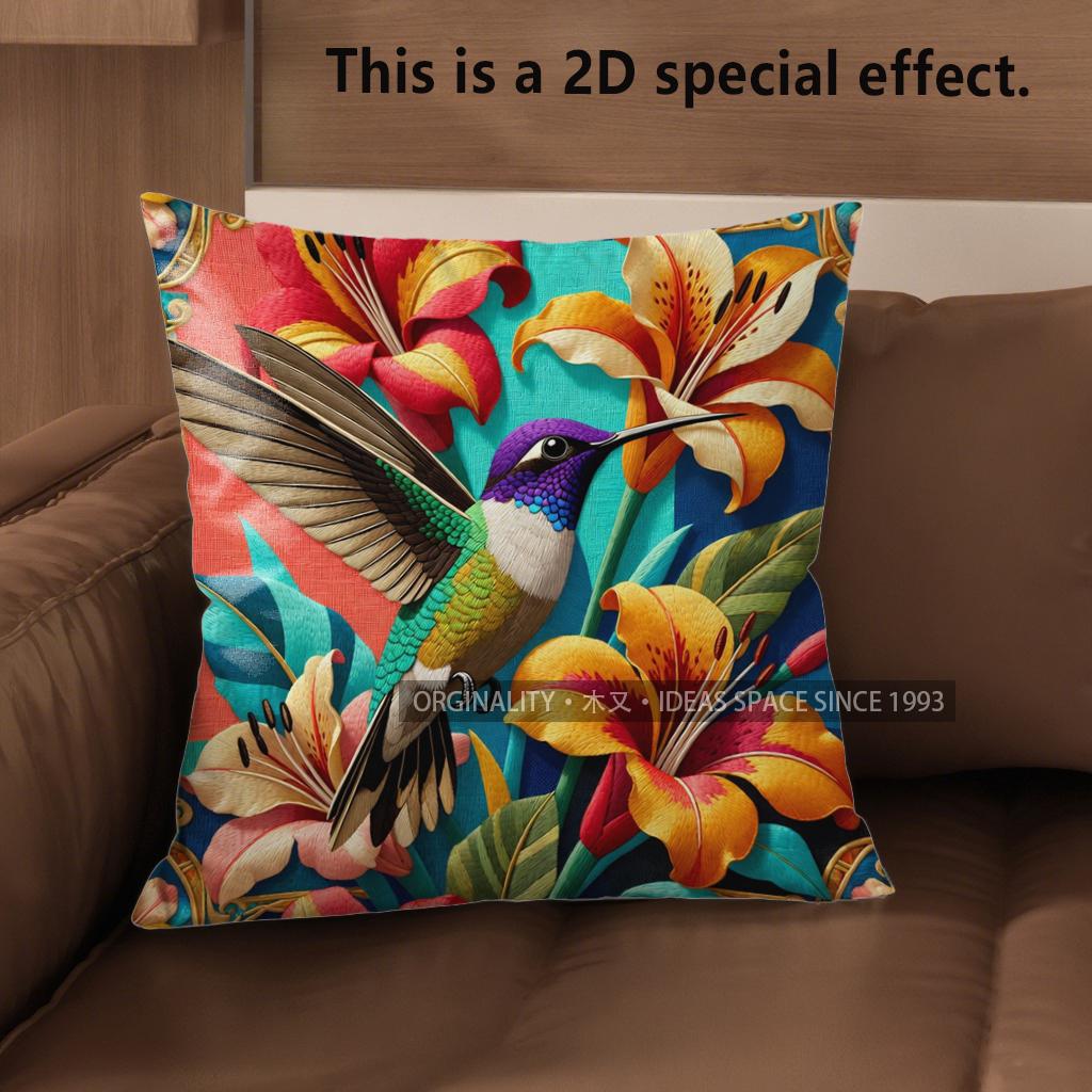 

2D Vintage Hummingbird Floral Throw Pillow Covers Pattern Cushion Cover Suitable For Sofa Bedroom Car Pillow Cover 40x40cm