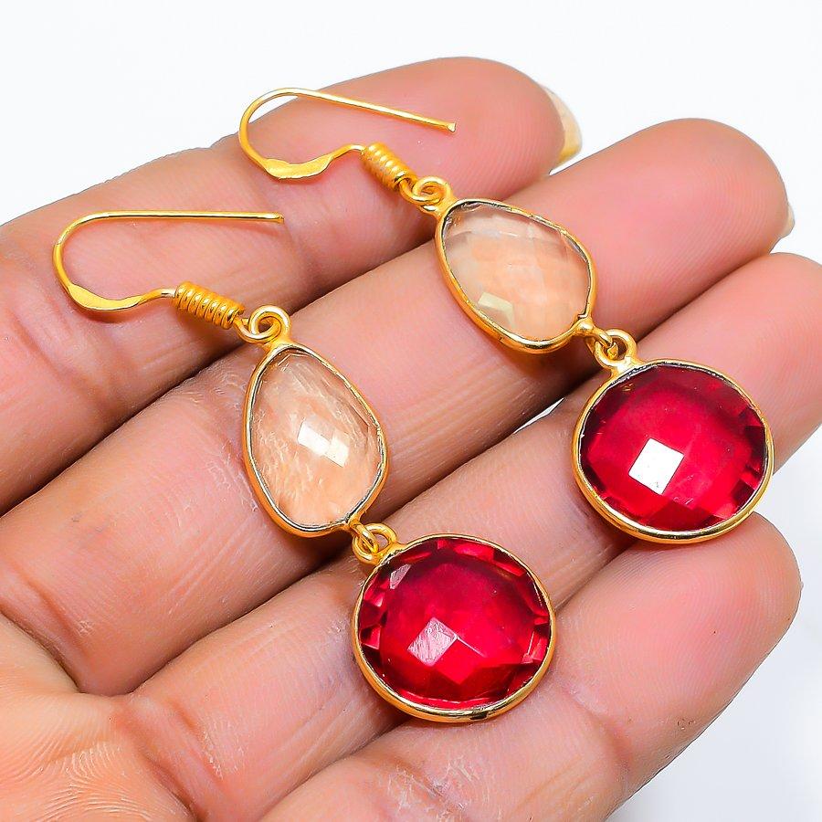 

White Topaz, Rubillite Gemstone 925 Sterling Silver Jewelry Earring 2.17 GK-5168