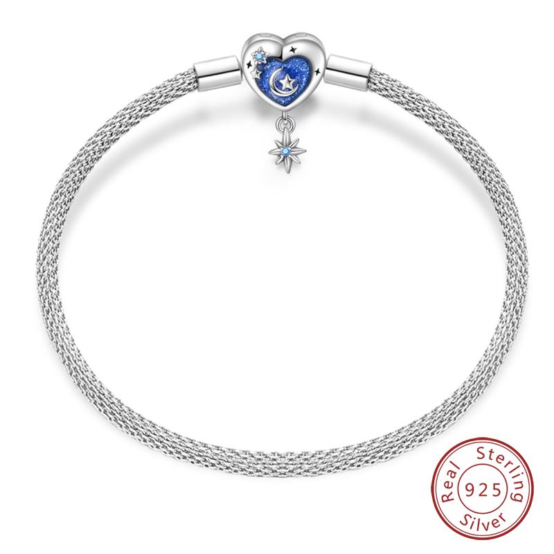 Bracciale Argento 925 Originale 17-20CM Stella Luna Sole Quadrifoglio Zircone Verde Bracciali Adatti Fai da Te Ciondoli Gioielli Compleanno Regali