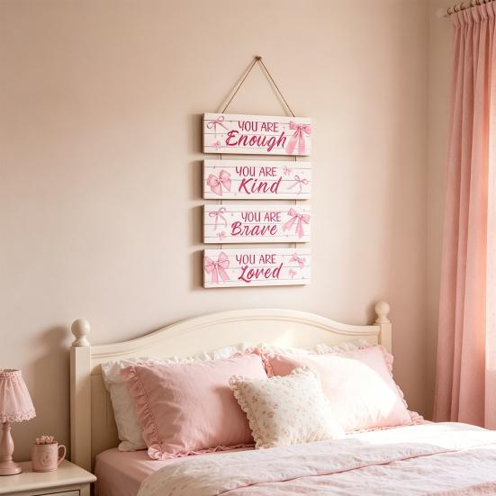 Yousheng Rosa Schleife Inspirierende Wanddekoration Positive Affirmationen Wandkunst Holz Hängendes Schild für Teenie-Mädchenzimmer Kinderzimmer Schlafzimmer