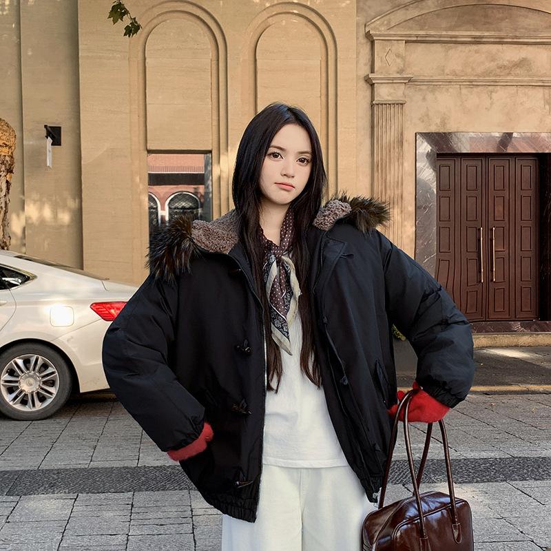 Big Fur Collar Hooded Cotton Jacket Women's Short New Winter Small Thickened Tooling Pie Overcome