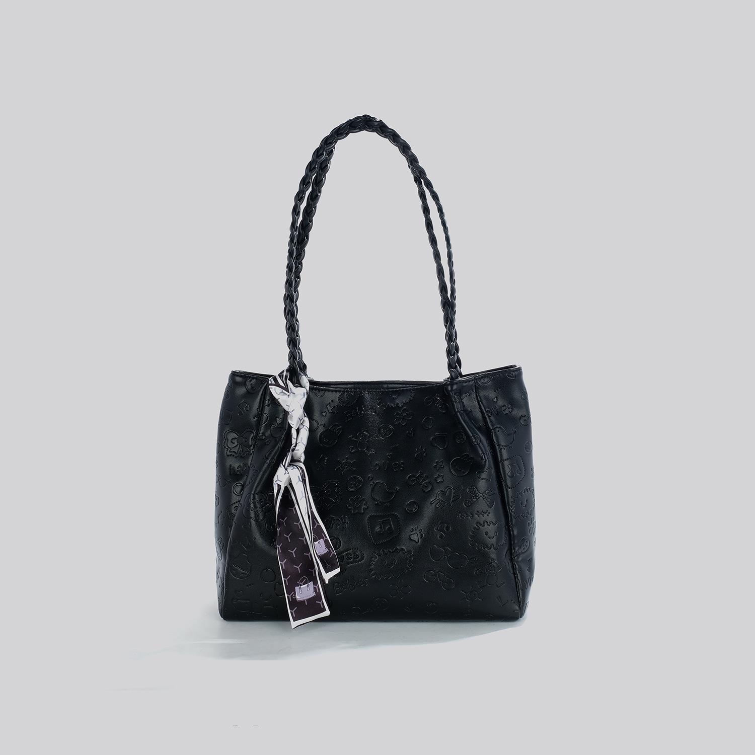 

TikTok Live Source New Silk Scarf Printed Braided Shoulder Strap Tote Bag Niche Stylish Sweet Single Shoulder Bag for Women чорний