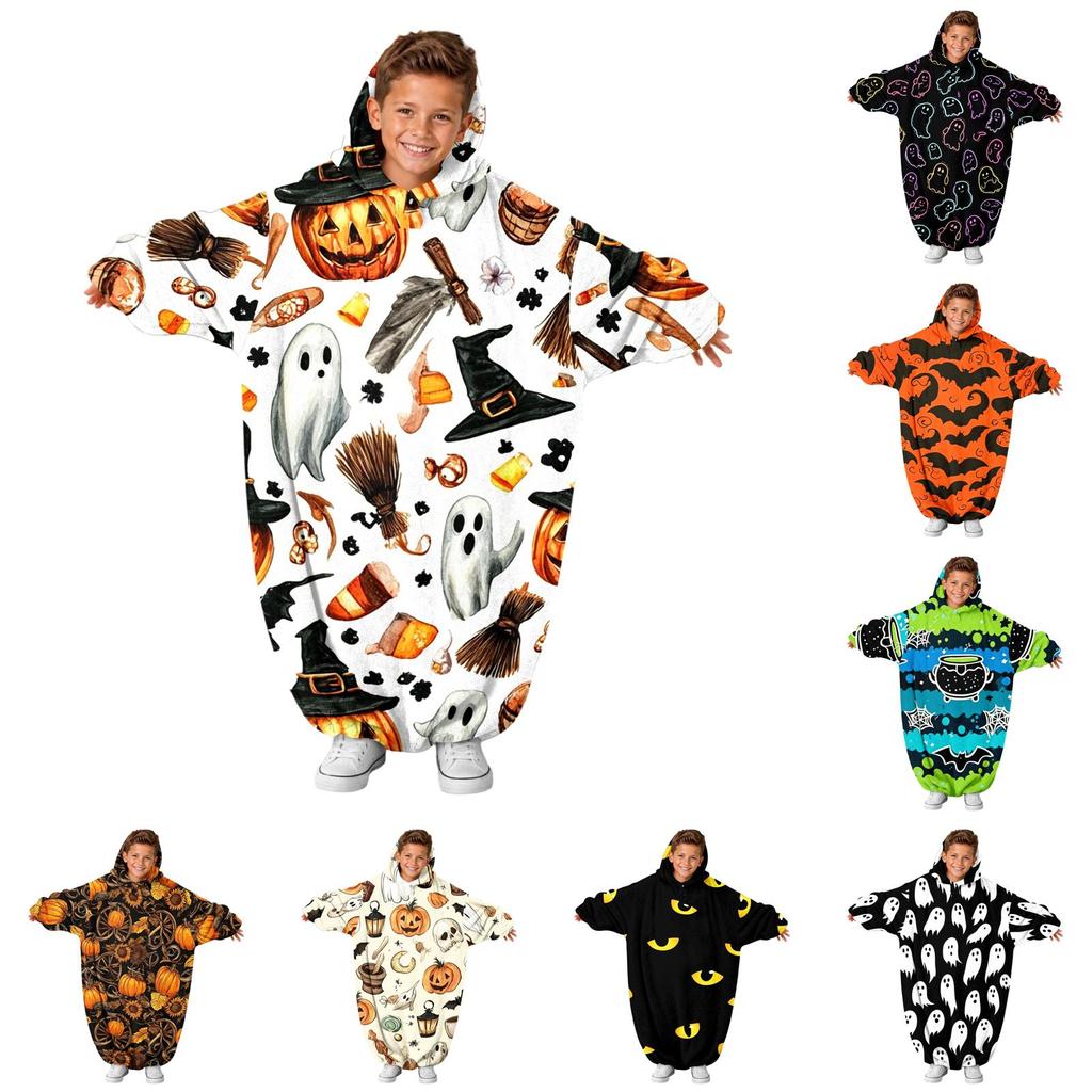 Kids Halloween Printed Flannel Romper Pajama Set for Fun Holiday Sleepwear