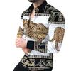 Trendy long-sleeve shirt with ornate striped design, elegant and stylish.