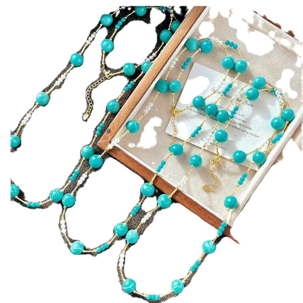 Vintage Vibe Artificial Turquoise Crystal Pearl Sweater Chain Necklace Collarbone Chain