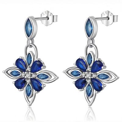 Flower Earrings Blue Cubic Zirconia Silver 925 Stud Hanging With Marquises